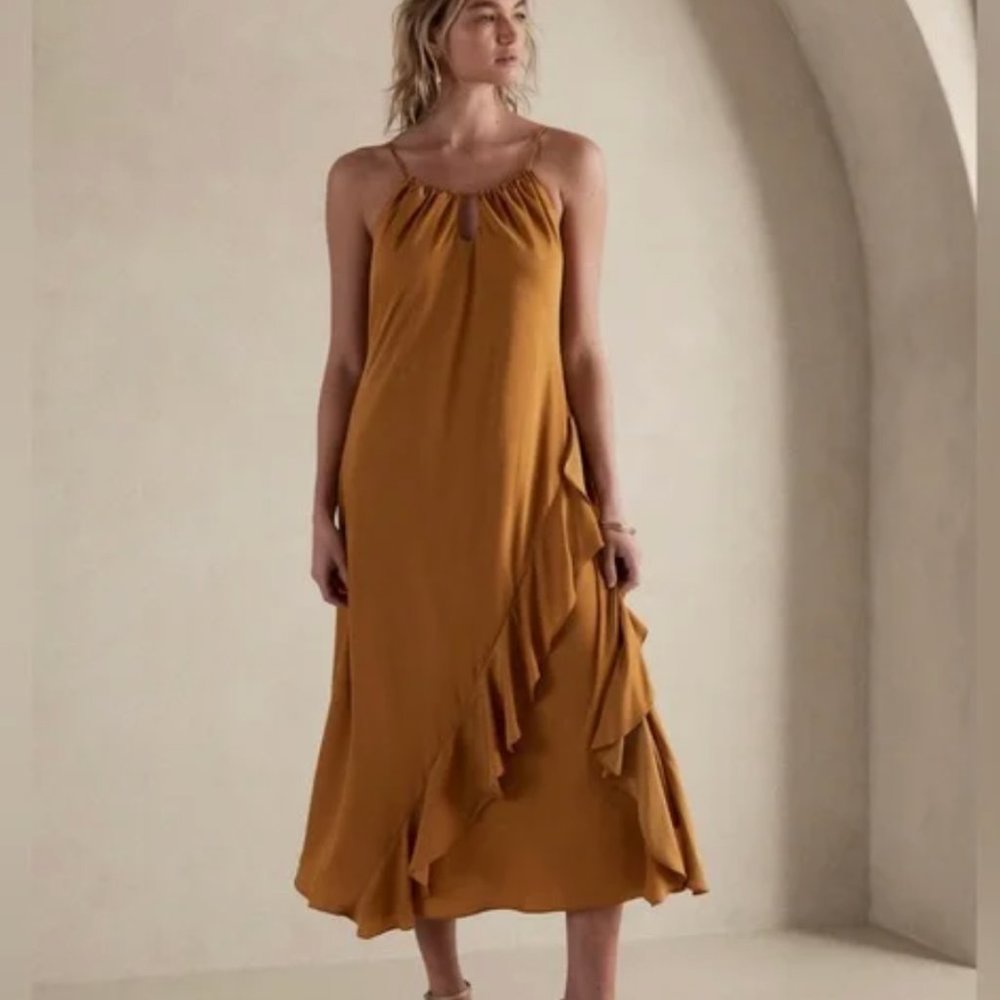 Banana Republic Ruffle Maxi Dress Golden Grass in L